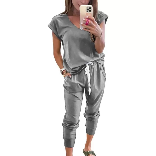imagePRETTYGARDEN Womens Two Piece Tracksuit V Neck Short Sleeve Tops Long Pants With Drawstring Outfits Jogger SetsLight Grey