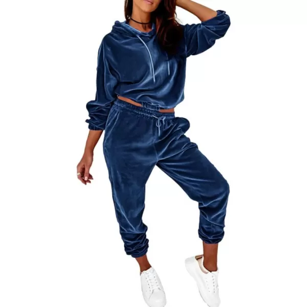 imagePRETTYGARDEN Womens Velour Tracksuits Set Hooded Pullover Sweatpants Long Sleeve 2 Piece Joggers OutfitsBlue