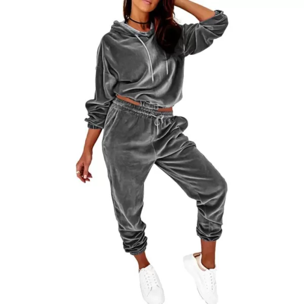 imagePRETTYGARDEN Womens Velour Tracksuits Set Hooded Pullover Sweatpants Long Sleeve 2 Piece Joggers OutfitsGray