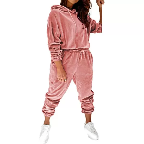 imagePRETTYGARDEN Womens Velour Tracksuits Set Hooded Pullover Sweatpants Long Sleeve 2 Piece Joggers OutfitsPink