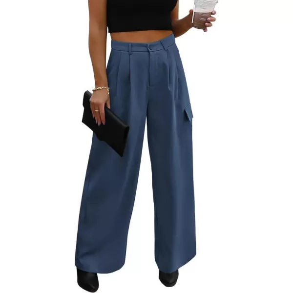 imagePRETTYGARDEN Womens Wide Leg Cargo Pants High Waist Business Casual Trousers Pant with PocketsBlue