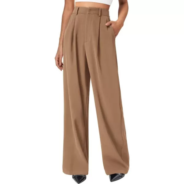 imagePRETTYGARDEN Womens Wide Leg Suit Pants Loose Fit High Elastic Waisted Business Casual Long Trousers PantKhaki