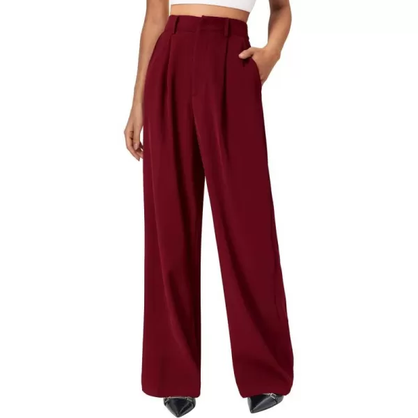imagePRETTYGARDEN Womens Wide Leg Suit Pants Loose Fit High Elastic Waisted Business Casual Long Trousers PantWine Red