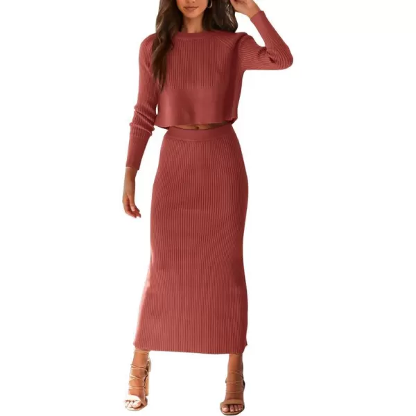 imagePRETTYGARDEN Womens Winter 2 Piece Sweater Set Rib Knit Long Sleeve Crop Top Maxi Bodycon Skirt Casual OutfitsBrick Red