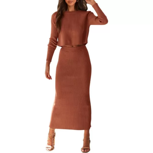 imagePRETTYGARDEN Womens Winter 2 Piece Sweater Set Rib Knit Long Sleeve Crop Top Maxi Bodycon Skirt Casual OutfitsCaramel