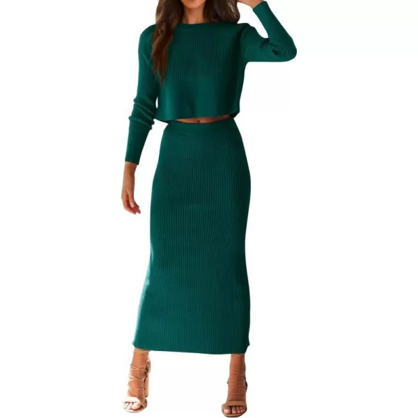 imagePRETTYGARDEN Womens Winter 2 Piece Sweater Set Rib Knit Long Sleeve Crop Top Maxi Bodycon Skirt Casual OutfitsDark Green