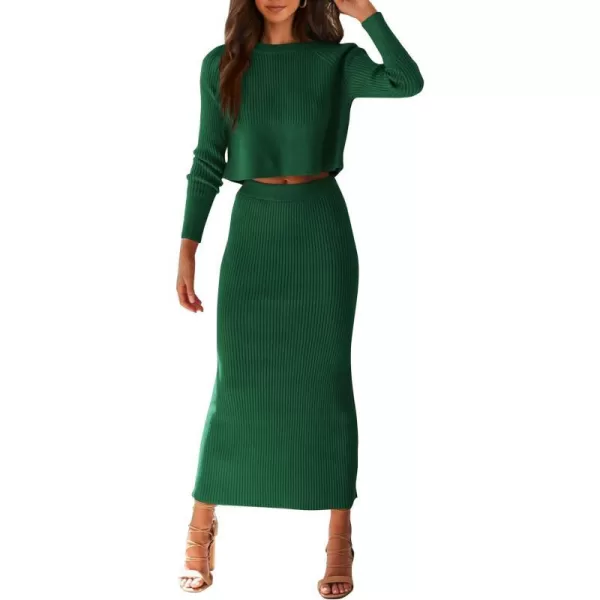 imagePRETTYGARDEN Womens Winter 2 Piece Sweater Set Rib Knit Long Sleeve Crop Top Maxi Bodycon Skirt Casual OutfitsGreen
