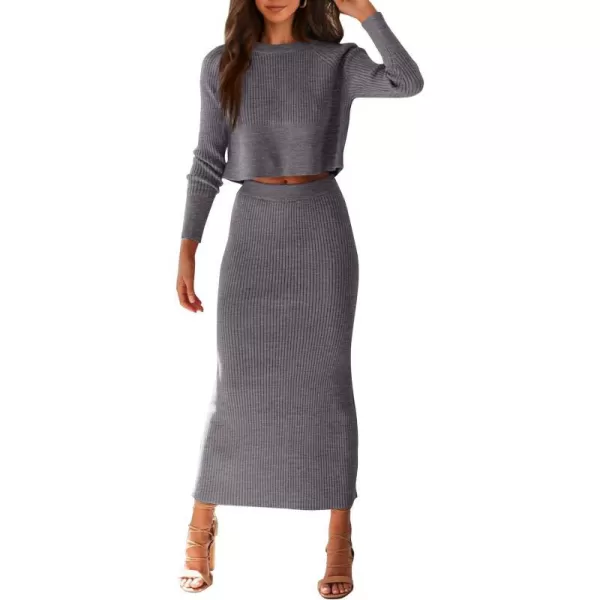 imagePRETTYGARDEN Womens Winter 2 Piece Sweater Set Rib Knit Long Sleeve Crop Top Maxi Bodycon Skirt Casual OutfitsGrey