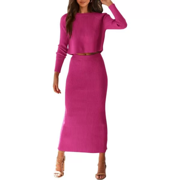 imagePRETTYGARDEN Womens Winter 2 Piece Sweater Set Rib Knit Long Sleeve Crop Top Maxi Bodycon Skirt Casual OutfitsRose Red