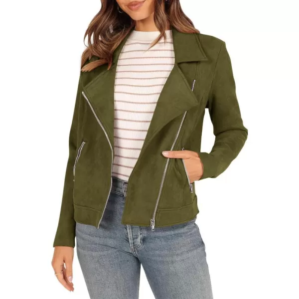 imagePRETTYGARDEN Womens Winter Moto Jacket Faux Suede Long Sleeve Zip Up Pockets Short Coat Y2K Fall Fashion Dressy OuterwearArmy Green