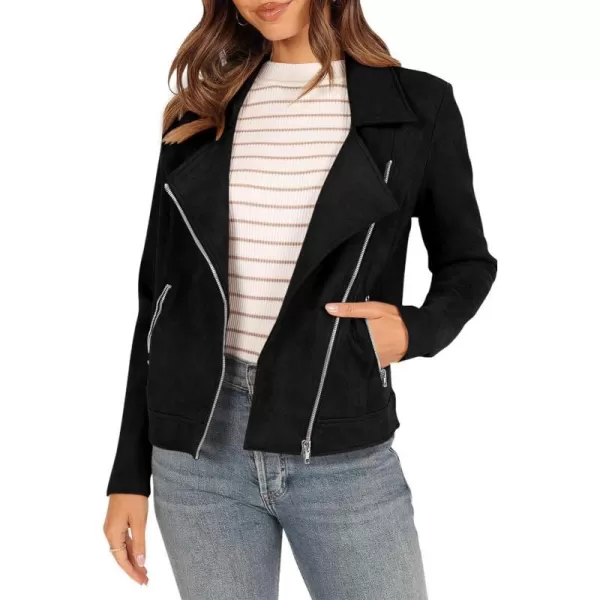 imagePRETTYGARDEN Womens Winter Moto Jacket Faux Suede Long Sleeve Zip Up Pockets Short Coat Y2K Fall Fashion Dressy OuterwearBlack