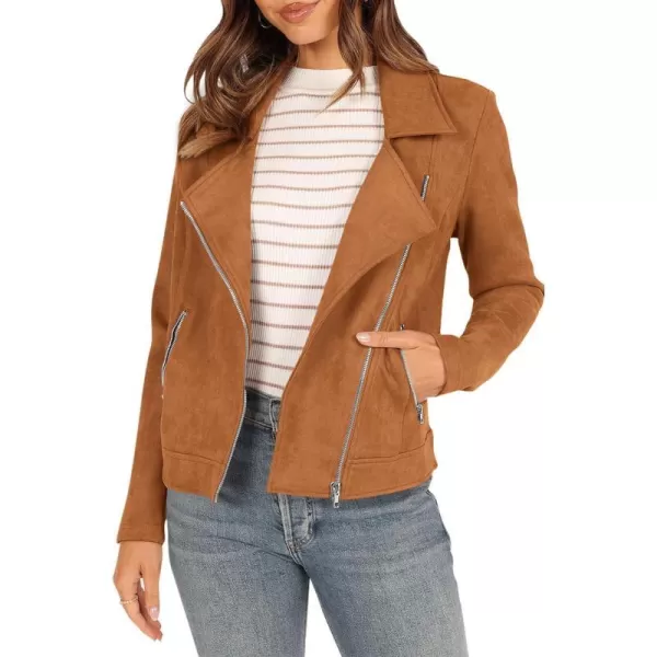 imagePRETTYGARDEN Womens Winter Moto Jacket Faux Suede Long Sleeve Zip Up Pockets Short Coat Y2K Fall Fashion Dressy OuterwearBrown