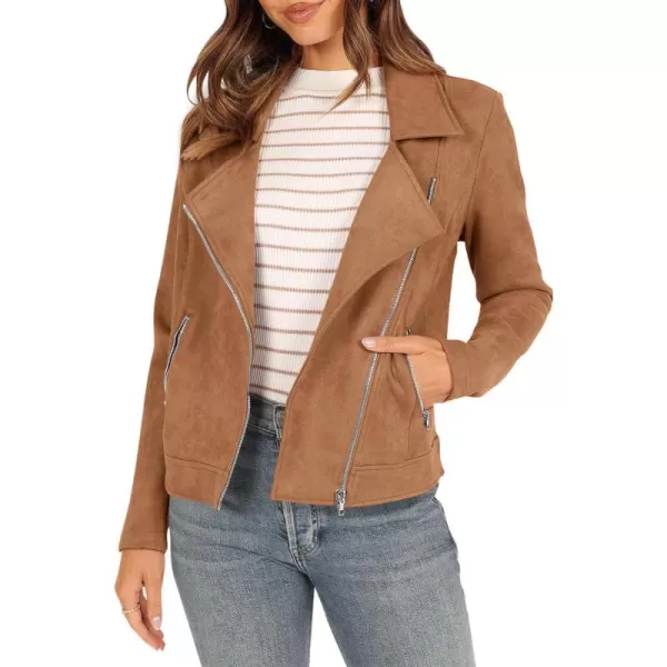 imagePRETTYGARDEN Womens Winter Moto Jacket Faux Suede Long Sleeve Zip Up Pockets Short Coat Y2K Fall Fashion Dressy OuterwearCamel