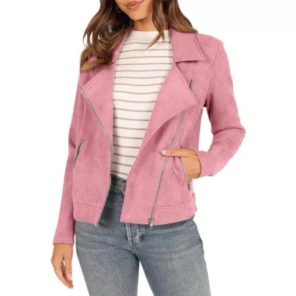 imagePRETTYGARDEN Womens Winter Moto Jacket Faux Suede Long Sleeve Zip Up Pockets Short Coat Y2K Fall Fashion Dressy OuterwearPink