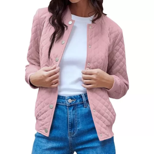 imagePRETTYGARDEN Womens Winter Quilted Bomber Jacket Long Sleeve Button Down Outerwear Trendy Casual Coats With PocketsPink