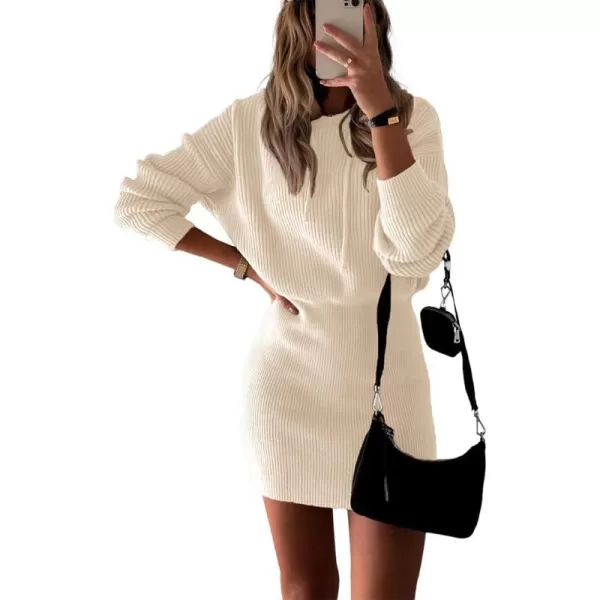 imagePRETTYGARDEN Womens Winter Rib Knit Pullover Sweater 2023 Fashion Fall Dresses Long Sleeve Hooded Bodycon DressApricot