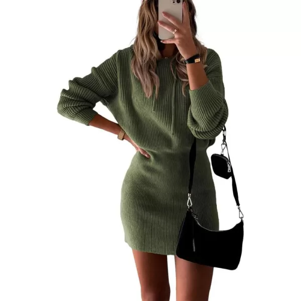 imagePRETTYGARDEN Womens Winter Rib Knit Pullover Sweater 2023 Fashion Fall Dresses Long Sleeve Hooded Bodycon DressArmy Green