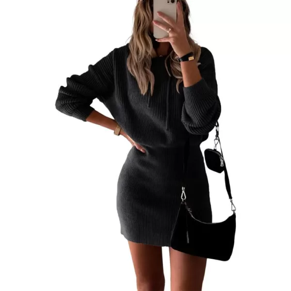 imagePRETTYGARDEN Womens Winter Rib Knit Pullover Sweater 2023 Fashion Fall Dresses Long Sleeve Hooded Bodycon DressBlack