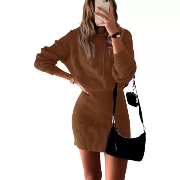 imagePRETTYGARDEN Womens Winter Rib Knit Pullover Sweater 2023 Fashion Fall Dresses Long Sleeve Hooded Bodycon DressCaramel