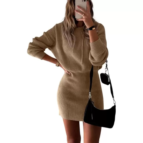 imagePRETTYGARDEN Womens Winter Rib Knit Pullover Sweater 2023 Fashion Fall Dresses Long Sleeve Hooded Bodycon DressKhaki