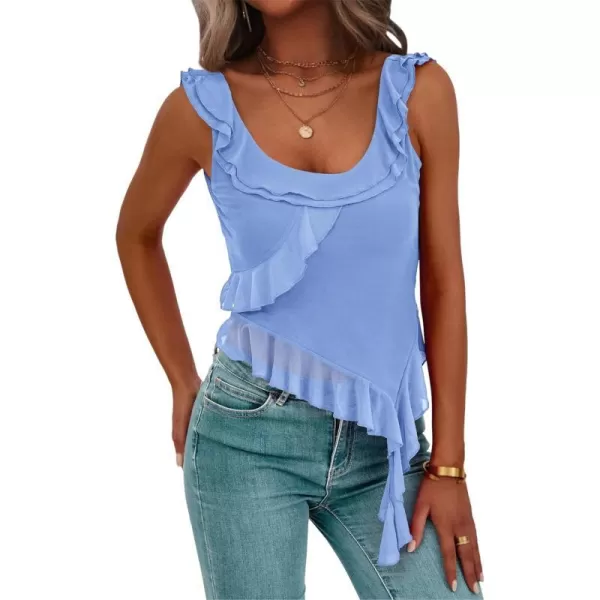 imagePRETTYGARDEN Womens Y2K Going Out Crop Top 2024 Summer Sleeveless Asymmetrical Mesh Tank Top Fitted Party TopsLight Blue