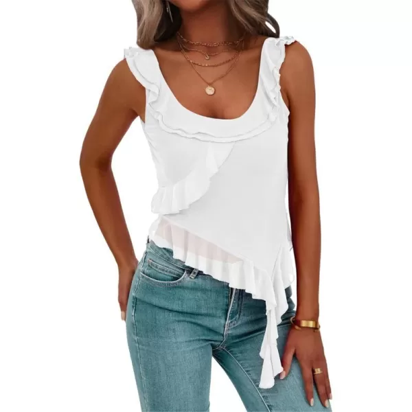 imagePRETTYGARDEN Womens Y2K Going Out Crop Top 2024 Summer Sleeveless Asymmetrical Mesh Tank Top Fitted Party TopsWhite