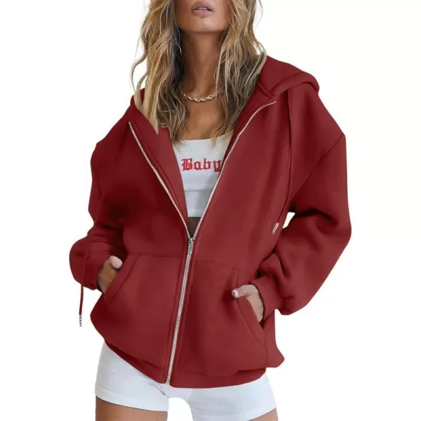 imagePRETTYGARDEN Womens Zip Up Y2K Hoodies Casual Long Sleeve Track Jackets With PocketsBrown Red