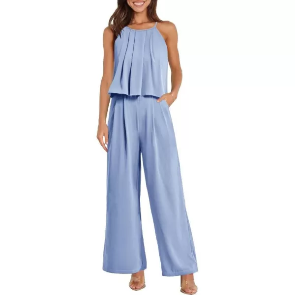 imagePRETTYGRADEN Womens Casual Summer Sleeveless Jumpsuit Halter Neck Wide Leg Pants Rompers One Piece OutfitsLight Blue