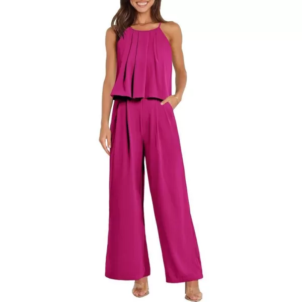 imagePRETTYGRADEN Womens Casual Summer Sleeveless Jumpsuit Halter Neck Wide Leg Pants Rompers One Piece OutfitsRose Red