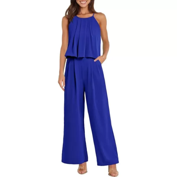 imagePRETTYGRADEN Womens Casual Summer Sleeveless Jumpsuit Halter Neck Wide Leg Pants Rompers One Piece OutfitsRoyal Blue