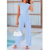 imagePRETTYGARDEN Summer Jumpsuits for Women Dressy 2025 Casual Ruffle Cap Sleeves Romper Crew Neck Rib Knit One Piece OutfitsLight Blue