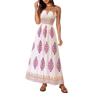 imagePRETTYGARDEN Summer Dress for Women 2025 Floral Sundress Spaghetti Strap Flowy Beach Vacation Boho Maxi DressesWhite Rose Red Floral
