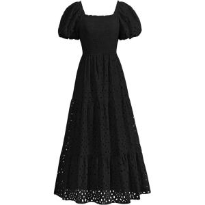 imagePRETTYGARDEN Summer Dresses for Women 2025 Eyelet Square Neck Puff Sleeve Smocked Wedding Guest Maxi Dress with PocketsBlack