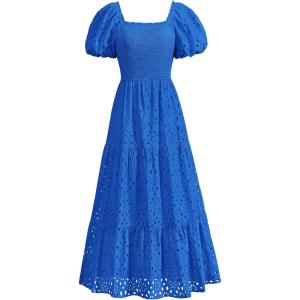 imagePRETTYGARDEN Summer Dresses for Women 2025 Eyelet Square Neck Puff Sleeve Smocked Wedding Guest Maxi Dress with PocketsBlue