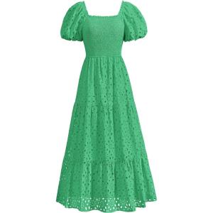 imagePRETTYGARDEN Summer Dresses for Women 2025 Eyelet Square Neck Puff Sleeve Smocked Wedding Guest Maxi Dress with PocketsGreen