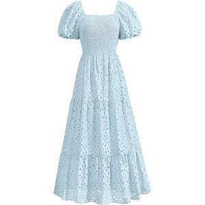 imagePRETTYGARDEN Summer Dresses for Women 2025 Eyelet Square Neck Puff Sleeve Smocked Wedding Guest Maxi Dress with PocketsLight Blue
