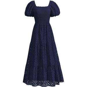 imagePRETTYGARDEN Summer Dresses for Women 2025 Eyelet Square Neck Puff Sleeve Smocked Wedding Guest Maxi Dress with PocketsNavy