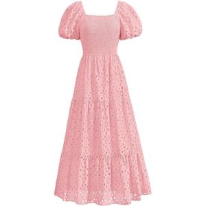 imagePRETTYGARDEN Summer Dresses for Women 2025 Eyelet Square Neck Puff Sleeve Smocked Wedding Guest Maxi Dress with PocketsPink