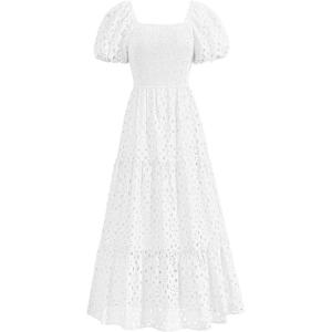 imagePRETTYGARDEN Summer Dresses for Women 2025 Eyelet Square Neck Puff Sleeve Smocked Wedding Guest Maxi Dress with PocketsWhite