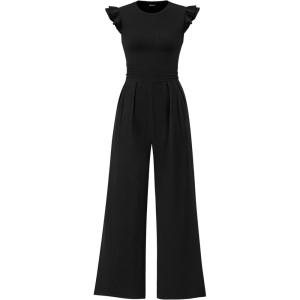 imagePRETTYGARDEN Summer Jumpsuits for Women Dressy 2025 Casual Ruffle Cap Sleeves Romper Crew Neck Rib Knit One Piece OutfitsBlack