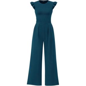 imagePRETTYGARDEN Summer Jumpsuits for Women Dressy 2025 Casual Ruffle Cap Sleeves Romper Crew Neck Rib Knit One Piece OutfitsLake Blue