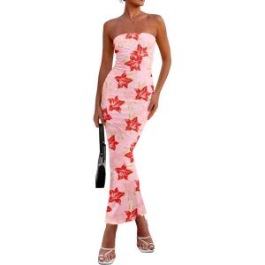 imagePRETTYGARDEN Womens 2025 Summer Floral Bodycon Maxi Dresses Ribbed Strapless Tube Casual Boho Party Long DressFloral Pink Red