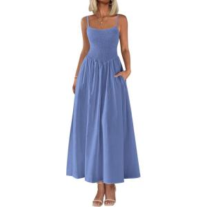 imagePRETTYGARDEN Womens Smocked Maxi Dresses 2025 Summer Beach Sundress Casual Spaghetti Strap Swing A Line Long Flowy DressBlue