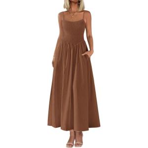 imagePRETTYGARDEN Womens Smocked Maxi Dresses 2025 Summer Beach Sundress Casual Spaghetti Strap Swing A Line Long Flowy DressBrown