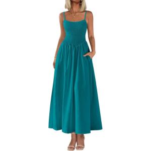 imagePRETTYGARDEN Womens Smocked Maxi Dresses 2025 Summer Beach Sundress Casual Spaghetti Strap Swing A Line Long Flowy DressLake Blue