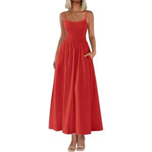 imagePRETTYGARDEN Womens Smocked Maxi Dresses 2025 Summer Beach Sundress Casual Spaghetti Strap Swing A Line Long Flowy DressRed