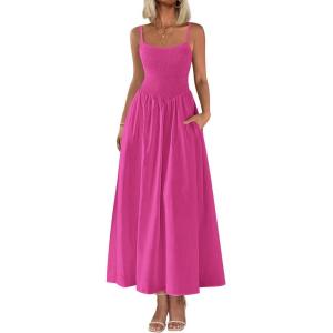 imagePRETTYGARDEN Womens Smocked Maxi Dresses 2025 Summer Beach Sundress Casual Spaghetti Strap Swing A Line Long Flowy DressRose Red