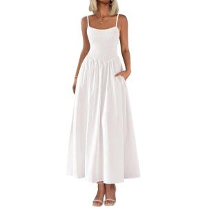imagePRETTYGARDEN Womens Smocked Maxi Dresses 2025 Summer Beach Sundress Casual Spaghetti Strap Swing A Line Long Flowy DressWhite