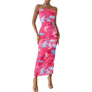 imagePRETTYGARDEN Womens Summer Maxi Bodycon Dresses Strapless Tube Top Printed Long Party Club Slit DressFloral Rose Red