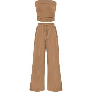 imagePRETTYGARDEN Womens Summer Outfits 2 Piece Sets Casual Ribbed Knit Crop Tube Top Wide Leg Pants Spring Matching Lounge SetCamel